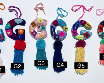 G, H, & I - Alphabet Letter Pom Pom, Handmade Ornaments, Mexican Ornaments, Embroidered, Tassels