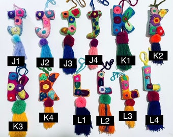 J, K, & L - Alphabet Letter Pom Pom, Handmade Ornaments, Mexican Ornaments, Embroidered, Tassels