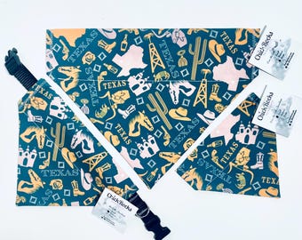 Pet Bandana - Texas Icons (Missions, Gun, Horse, Cowboy Boots, Snake, Rose, Oil Rig) on Blue
