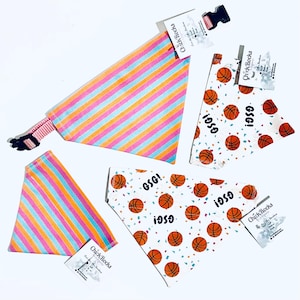 Puede incluir: Bandanas para perros en dos dise&ntilde;os. Uno presenta rayas naranjas, rosas y azules. El otro tiene balones de baloncesto y confeti sobre fondo blanco. Cada bandana tiene una etiqueta que dice "Chick Rocks".