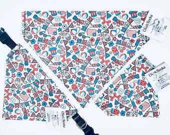 Pet Bandana - Independence Day Celebration (Flag, Cupcake, Cap, Sunglasses, Fireworks) on White