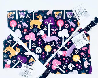 Pet Bandana - Orange, Purple, White, and Pink Dogs in the Park on Black