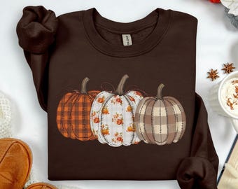 Sudadera Boho Pumpkin de otoño, suéter de calabaza con patchwork de imitación, linda sudadera de otoño, camisa de cosecha de otoño Pumpkin Patch (impresión DTG)