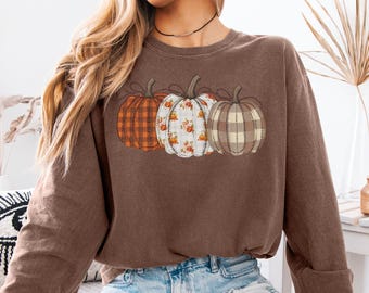 Comfort Colors® Pumpkin Shirt, Boho Fall Shirt, Faux Patchwork Pumpkin Tee, Autumn Long Sleeve Shirt, Fall Harvest Shirt, Pumpkin Patch