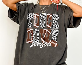 Comfort Colors® Touchdown Season Shirt, Football Game Day Shirt, Checkered Football Tee, Football Mom Shirt, Vintage Football Season T-Shirt