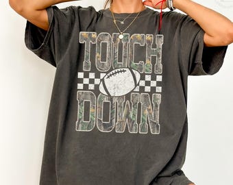 Comfort Colors® Touchdown Shirt, Camo Checkered Football Tee, Football Game Day Shirt, Football Mom Shirt, Retro Football Season T-Shirt