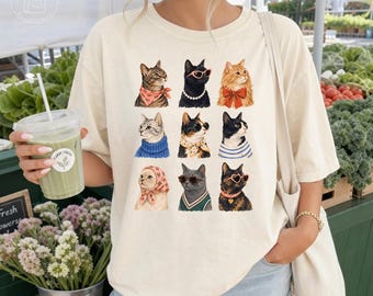 Comfort Colors® Cute Cat Lover Shirt Vintage Cat Aesthetic Tee Stylish Cat Mom Shirt Animal Lover T-Shirt Cat Owner Gift Oversized Women Tee