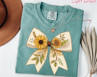 Comfort Colors® Coquette Sunflower Bow Shirt Rustic Boho Floral Shirt Women&#39;s Summer Shirt Cottagecore Shirt Botanical Tee Wildflowers Shirt
