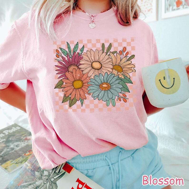 Comfort Colors® Vintage Floral Shirt, Retro Checkered Flowers Shirt, Womens Graphic Tee, Boho Wildflowers Cottagecore Shirt, Gift For Women image 5