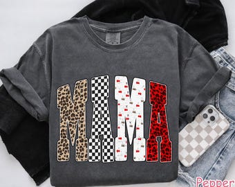 Comfort Colors® Leopard Mama Shirt, Retro Checkered Mom Shirt, Mothers Day Gift, Trendy Mama Shirt, Cute Gift for Mom Leopard Print Mama Tee