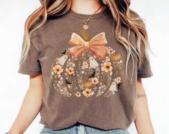 Comfort Colors® Vintage Floral Pumpkin Ghost Shirt, Coquette Fall Shirt, Girly Halloween Shirt, Pumpkin Bow Shirt, Autumn Shirt, Spooky Tee