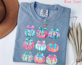 Comfort Colors® Coquette Pumpkin Shirt, Preppy Fall Pumpkins Shirt, Girly Autumn Shirt, Floral Pumpkin Bow Tee, Cozy Season Shirt for Women