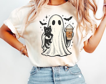 Chemise d'Halloween chat fantôme Comfort Colors®, T-shirt fantôme citrouille épicée, Jolie chemise effrayante pour la saison, Chemise chat noir, Chemise café automne pour femme