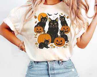 Comfort Colors® Vintage Halloween Cat Shirt, Black Cat Pumpkin Shirt, Fall Spooky Cat Shirt, Retro Halloween Witchy Cat Shirt, Spooky Season
