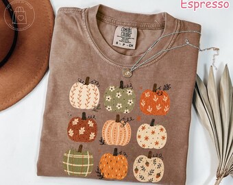 Comfort Colors® Boho Fall Pumpkin Shirt, Cute Autumn Aesthetic Shirt, Cottagecore Harvest Season T-Shirt, Thanksgiving Shirt, Pumpkin Patch