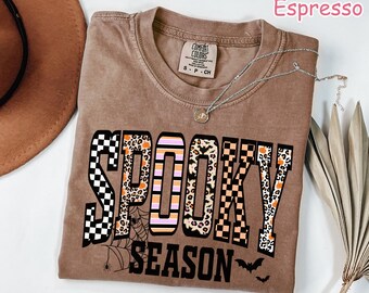 Comfort Colors® Spooky Season Shirt, Retro Halloween Shirt, Leopard Checkered Fall T-Shirt, Women's Halloween Graphic Tee, Girly Halloween