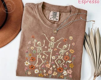 Comfort Colors® Dancing Skeleton Shirt, Floral Skeleton Halloween Shirt, Boho Spooky Season T-Shirt, Wildflower Fall Graphic Tee for Women