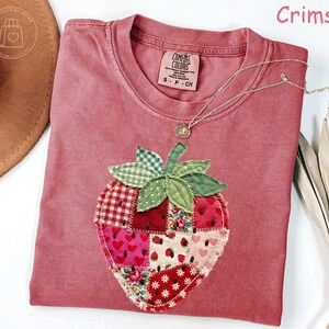 Comfort Colors® Strawberry Shirt, Patchwork Quilted Farmhouse Berry Tee, Rustic Gingham Floral Cottagecore Shirt, Vintage Aesthetic Tee image 5
