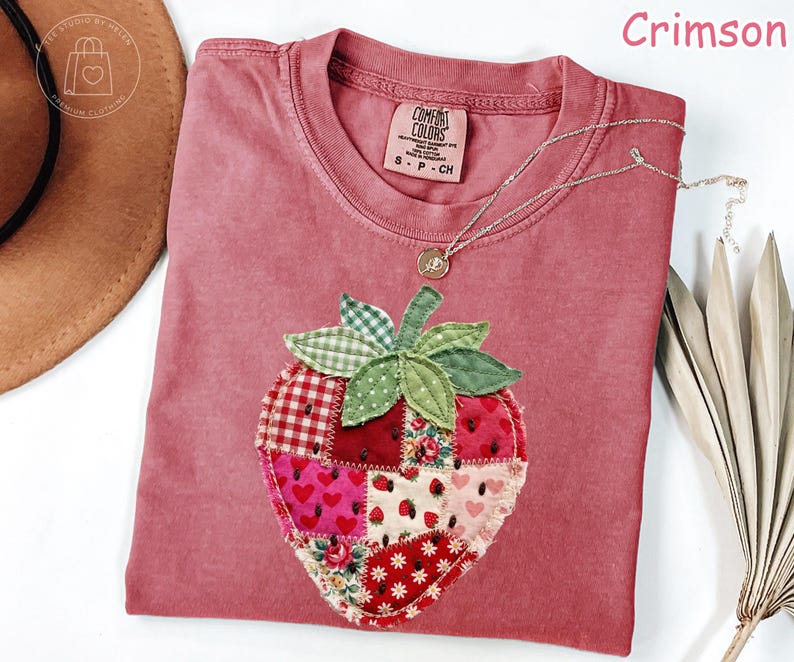 Comfort Colors® Strawberry Shirt, Patchwork Quilted Farmhouse Berry Tee, Rustic Gingham Floral Cottagecore Shirt, Vintage Aesthetic Tee image 5