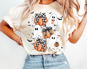 Comfort Colors® Halloween Ghost Shirt, Cute Ghost Pumpkin Shirt, Coquette Bow Halloween Tee, Fall Ghost Shirt, Women's Halloween T-Shirt