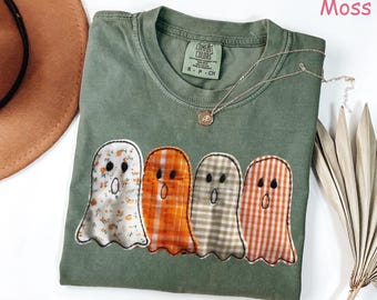 Comfort Colors® Patchwork Ghost Shirt, Halloween Ghost Shirt, Fall Ghost Quilt Shirt, Cute Spooky Season Shirt, Women's Halloween Shirt