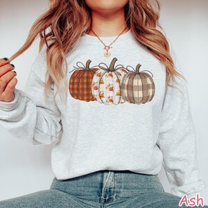 Puede incluir: Una sudadera gris claro con tres calabazas con diferentes dise&ntilde;os: cuadros naranjas, floral y cuadros beige. Las calabazas tienen tallos marrones y est&aacute;n dispuestas horizontalmente. La palabra "Ash" est&aacute; impresa en la esquina inferior derecha.