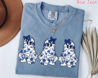 Comfort Colors® Floral Ghost Shirt, Cute Halloween Shirt, Blue Toile Ghost T-Shirt, Spooky Season Shirt, Girly Halloween Ghost Tee Boo Shirt