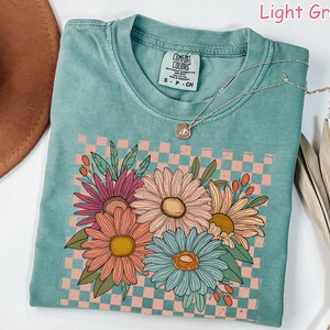 Comfort Colors® Vintage Floral Shirt, Retro Checkered Flowers Shirt, Womens Graphic Tee, Boho Wildflowers Cottagecore Shirt, Gift For Women image 7