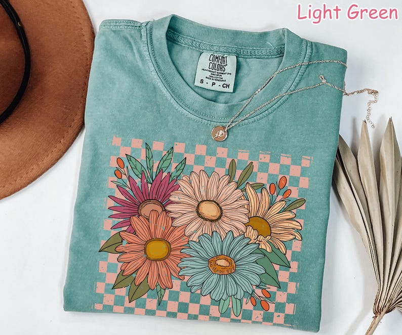 Comfort Colors® Vintage Floral Shirt, Retro Checkered Flowers Shirt, Womens Graphic Tee, Boho Wildflowers Cottagecore Shirt, Gift For Women image 7