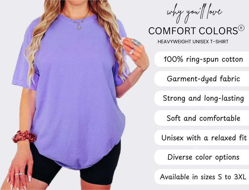 May include: A purple, heavyweight unisex t-shirt made of 100% ring-spun cotton. The shirt is garment-dyed, soft, and comfortable. It features a relaxed fit and is available in sizes S to 3XL.