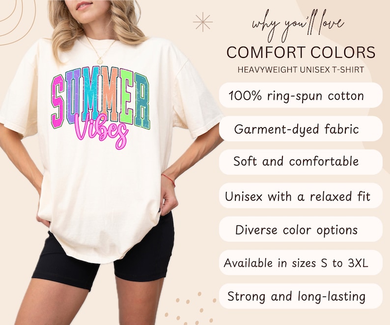 May include: Cream-colored heavyweight unisex t-shirt with the words "SUMMER Vibes" in colorful, retro-style lettering. The shirt is made of 100% ring-spun cotton and has a relaxed fit. The shirt is available in sizes S to 3XL.