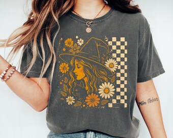Comfort Colors® Retro Checkered Witch Shirt, Halloween Floral Witch Shirt, Women's Halloween Shirt, Cute Fall Shirt, Cottagecore Witch Tee