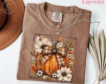 Comfort Colors® Fall Pumpkin Shirt, Preppy Pumpkin Bow T-Shirt, Vintage Pumpkin Cottagecore Tee, Autumn Floral Shirt, Cute Fall Graphic Tee