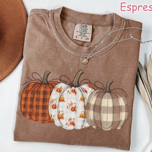 May include: Espresso-colored t-shirt featuring three pumpkins with different patterns: plaid, floral, and gingham. The shirt has a crew neck and a Comfort Colors tag. A silver necklace with a pendant is draped across the shirt.