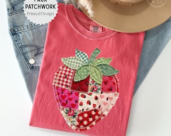 Comfort Colors® Strawberry Shirt, Faux Patchwork Farmhouse Berry Tee Rustic Gingham Floral Cottagecore Shirt Vintage Aesthetic Tee DTG Print