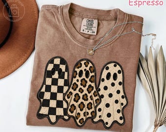 Comfort Colors® Boho Ghost Shirt, Cute Halloween Ghost T-Shirt, Checkered Leopard Ghosts Tee, Spooky Season Shirt, Retro Fall Graphic Tee