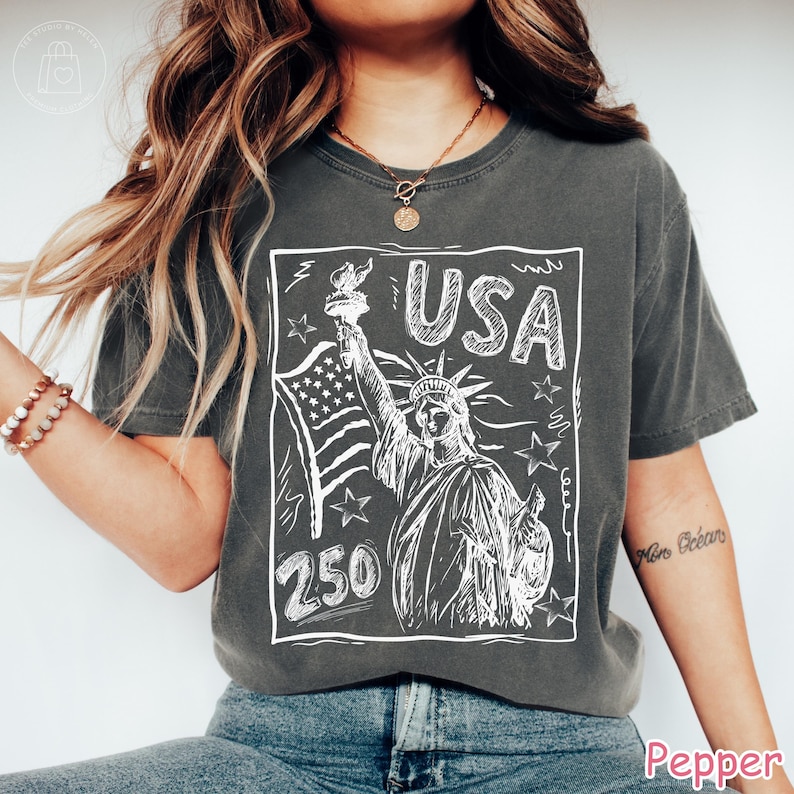 Camiseta Comfort Colors® Estatua de la Libertad, Camiseta vintage de Estados Unidos 250, Camiseta del 4 de julio, Camiseta gráfica retro patriótica del 250 aniversario imagen 8