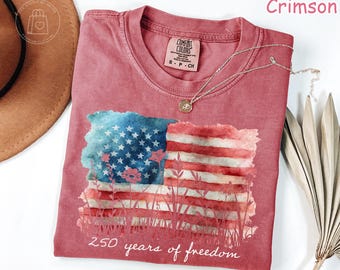 Comfort Colors® America 250 Years Freedom Shirt, 4th of July Shirt, American Flag Wildflowers Tee, Retro Patriotic Shirt, Floral USA T-Shirt