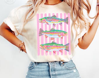Comfort Colors® Fish Shirt, Rainbow Trout Fishing Shirt, Preppy Summer Graphic Tee, Bright Color Fish T-Shirt, Outdoor Girls Fishing Shirt
