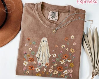 Comfort Colors® Wildflower Ghost Shirt, Spooky Floral Ghost T-Shirt, Nature Lover Halloween Gift, Boho Cottagecore Fall Graphic Tee