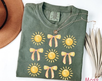 Comfort Colors® Coquette Bow Summer Shirt, Cute Beach Vibes Shirt, Sunshine Shirt Boho Summer Shirt for Women Trendy Sun and Bow Graphic Tee