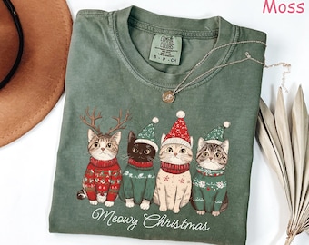 Comfort Colors® Meowy Christmas shirt, Cute Cat Christmas Shirt, Funny Cat Holiday Shirt, Cat Mom Christmas Gift, Christmas Cat Lover Gift