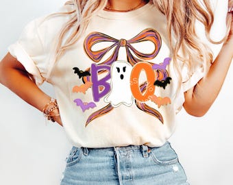 Comfort Colors® Coquette Ghost Shirt, Cute Halloween Bow T-Shirt, Trendy Boo Ghost Shirt, Womens Halloween Aesthetic, Girly Fall Graphic Tee