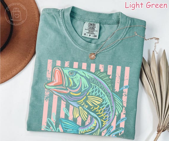 Comfort Colors® Retro Bass Fish Shirt, Pastel Striped Fishing Graphic Tee, Fisherman Gift, Lake Life T-Shirt, Coastal Summer Tee