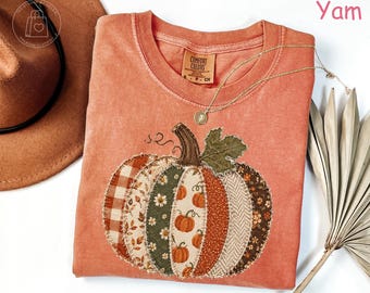 Comfort Colors® Faux Patchwork Fall Pumpkin Shirt, Faux Quilted Autumn Shirt, Boho Fall Cottagecore Tee Fall Harvest Shirt Pumpkin Patch Tee