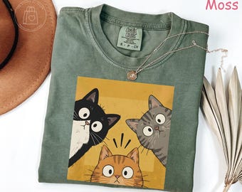 Comfort Colors® Funny Curious Cats Shirt, Cute Cat Lover Shirt, Cat Mom Gift, Vintage Cat Graphic Tee, Retro Cat Owner Gift for Women