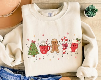 Christmas Doodle Sweatshirt, Christmas Characters Shirt, Gingerbread Sweatshirt, Retro Holiday Sweatshirt, Retro Christmas Tree Shirt