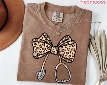 Comfort Colors® Coquette Bow Nurse Shirt, Trendy Leopard Nursing Shirt, Nurse Gift, Nurse Appreciation Gift, RN Shirt, Registered Nurse Tee