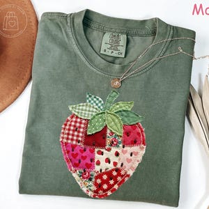 Comfort Colors® Strawberry Shirt, Patchwork Quilted Farmhouse Berry Tee, Rustic Gingham Floral Cottagecore Shirt, Vintage Aesthetic Tee image 3