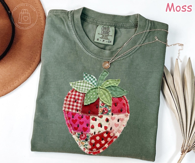 Comfort Colors® Strawberry Shirt, Patchwork Quilted Farmhouse Berry Tee, Rustic Gingham Floral Cottagecore Shirt, Vintage Aesthetic Tee image 3